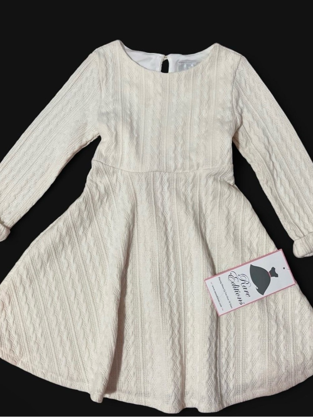Ivory Cable-Knit Long Sleeve Girls' Dress